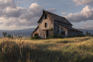 Obraz premium The Forgotten Barn: A Study of Dreams Deteriorating Amidst Nature's Expansive Canvas of History and Hope, Where Past and Present Collide in a Field of Evolving Landscapes