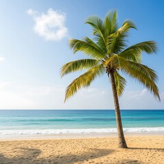 Fototapeta premium Tropical Beach Scene with Palm Tree and Turquoise Water