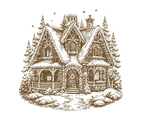 Christmas House Vintage Sketch Landscape Holiday Xmas Card Engraving Engraver Retro Winter Scene Vector Print Snow Covered Cottage