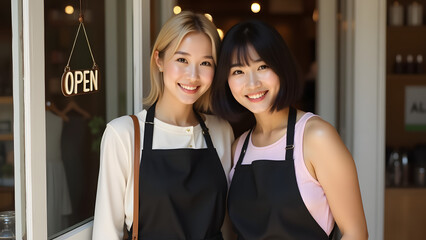 two smiling female small business owners standing at shop entrance