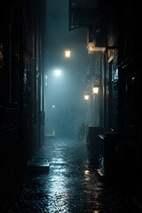 Midnight Shadows: The Haunting Mystique of a Rain-Drenched Urban Passageway Under Shimmering Streetlights