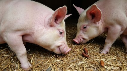 Two Pink Piglets Investigating Treats on Straw Bedding: Close-Up, Curious, Farm Animals