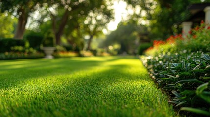 Obraz premium A serene and vibrant garden scene showcasing lush green grass illuminated by soft sunlight filtering through trees, creating a peaceful atmosphere.
