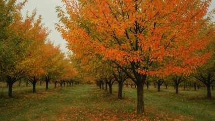 Naklejka premium Vibrant autumn orchard landscape.