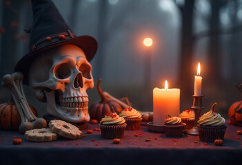 Halloween Feast Spooky Skull and Treats on a Dark Autumn Table