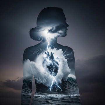 A woman's profile is superimposed with a stormy ocean and a dramatic, glowing anatomical heart, representing intense feelings and emotional pain.