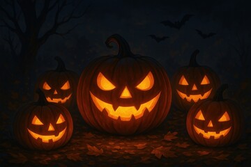 Glowing pumpkins in spooky night.
