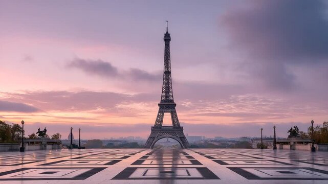Paris Eiffel Tower Sunrise Timelapse View