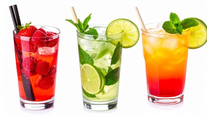 Assorted Tropical and Berry Cocktails in Tall Glasses with Garnishes