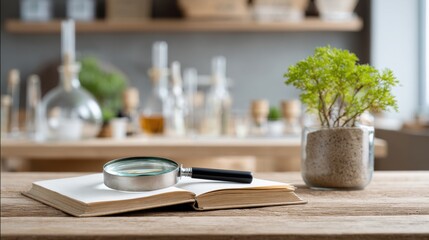 Close-up Desk with Magnifying Glass Notebook Plant Specimen Science Class Blurred Lab Background