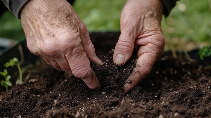 Elderly Hands Cultivating Soil: A Testament to Gardening and Nature's Cycle
