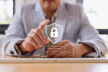 Fototapeta premium businessman using virtual login interface with username and password fields, concept for cybersecurity, online access, digital authentication secure technology.