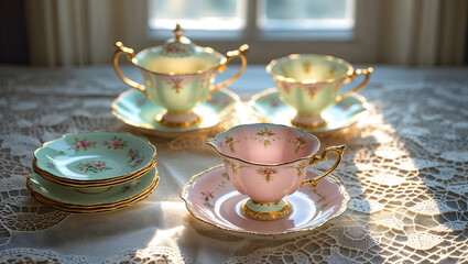 Elegant vintage tea set with floral pattern and gold trim displayed on a lace tablecloth near a window