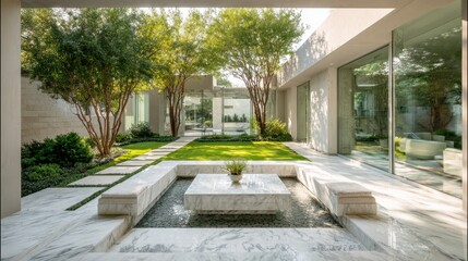 A stunning outdoor living space features a sunken seating area with comfortable white sofas and a central coffee table, surrounded by lush greenery and natural light.