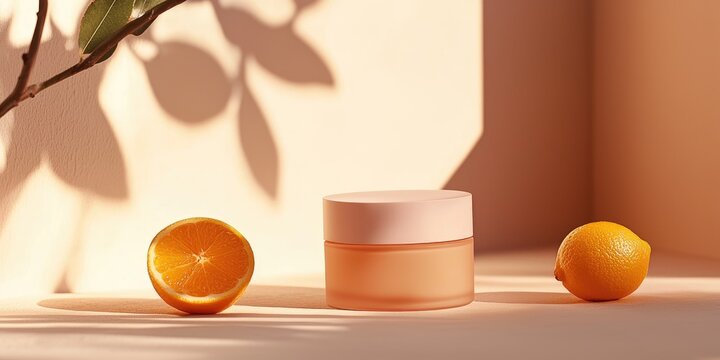 Microtext label design on peach K-cosmetic packaging, presented in warm daylight minimal flatlay Stock photo