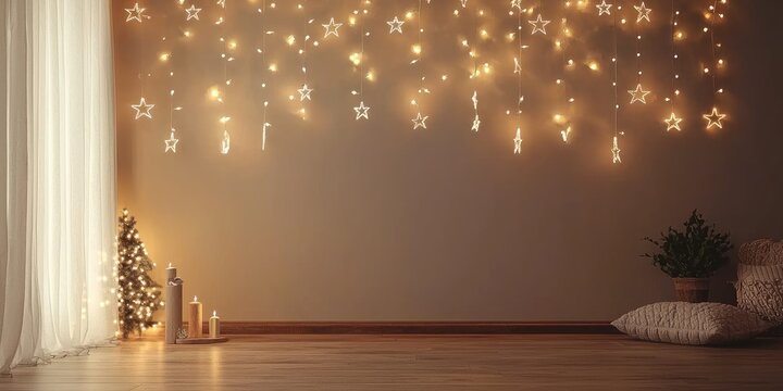 Minimalist room with warm white fairy lights hanging on the wall in festive shapes Stock photo
