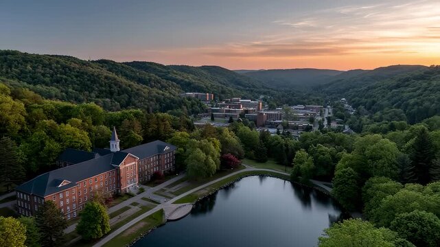 Serene Campus Lakeside Architecture at Sunset