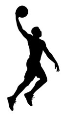 Basketball player dunking silhouette in mid-air action, vector SVG illustration