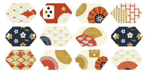Japanese Inspired Hexagon Pattern with Fans Waves and Floral Elements © Ripan