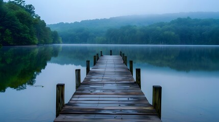 Naklejka premium Serene wooden dock extending into a misty lake surrounded by lush green hills at dawn