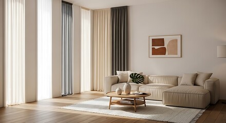 Fototapeta premium Stylish living room showcasing luxurious drapes and comfortable modern furniture arrangement