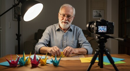 Creative origami workshop with a senior artisan at home crafting colorful paper designs indoor studio setting