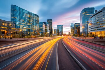 Fototapeta premium Modern city skyline with glass skyscrapers and light trails from fast-moving traffic at dusk, capturing urban energy and motion