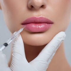 **Dermal Filler Treatment For Lips And Perioral Area, Professional Gloves Holding Syringe, Neutral Clinical Background, Soft Diffused Lighting Emphasizing Natural Lip Contours, Instruments Visible, Hy
