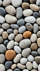 Smooth rounded pebble stone texture in grey, beige, and white tones, with a polished wet look inspired by river stones.