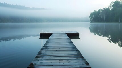Serene lake view at dawn with a wooden dock extending into the misty water, surrounded by trees