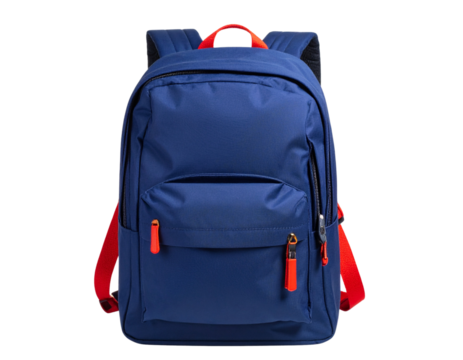 Dark blue roll top backpack with red strap isolated on transparent background PNG