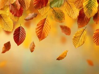 Colorful autumn leaves gently falling against a soft, blurred background, capturing the essence of the fall season