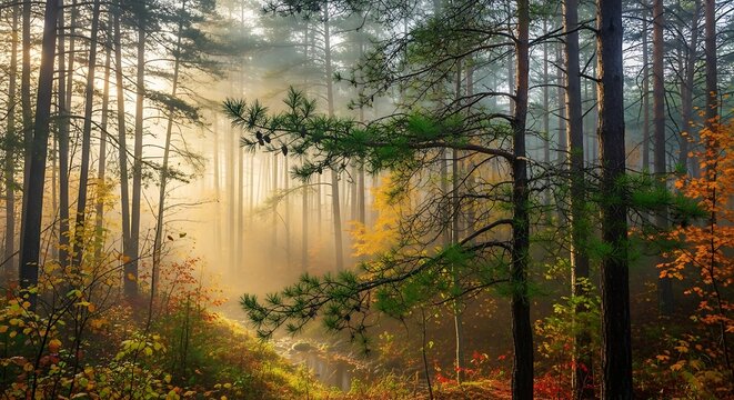 Autumn Mist in the Pine Forest, Sunlight Peeking Through - Powered by Adobe