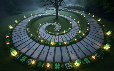 Illuminated Spiral Pathway with Lanterns, Footprints, and Four-Leaf Clovers in a Garden