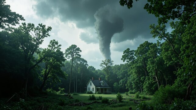 A dramatic scene unfolds as a dark, swirling tornado rises ominously from a forested area, enveloping a white house in its menacing embrace  - Powered by Adobe