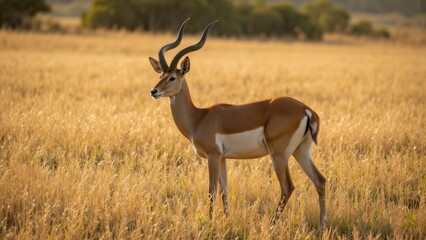 Naklejka premium Majestic Male Impala Gazelle in Golden African Savanna at Sunset: Wildlife Photography