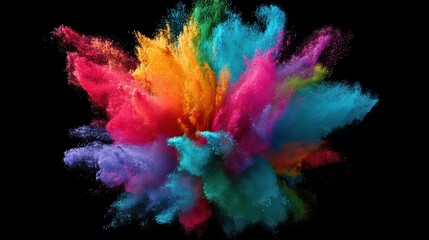 Vibrant explosion of colorful powder clouds on a black background, creating a dynamic and energetic visual effect