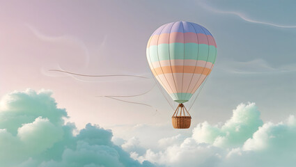 Naklejka premium A pastel hot air balloon gracefully floats amidst fluffy clouds in a serene sky, evoking dreams of adventure