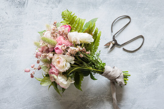 Sustainable floral bouquet with ranunculus in studio