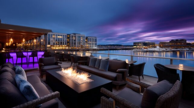 Evening gathering with fire pit waterfront lounge modern architecture serene atmosphere outdoor view relaxation concept