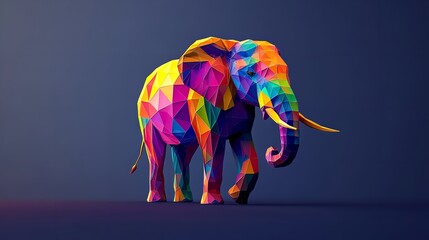 A colorful polygonal elephant standing against a dark blue background in a studio setting