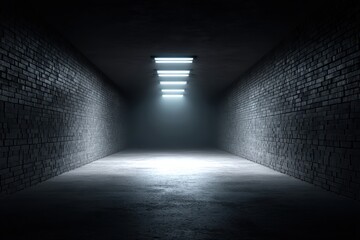 A dark, empty corridor with brick walls and bright ceiling lights illuminating the center, creating a dramatic, moody atmosphere