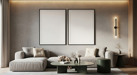Modern living room with two blank framed art pieces above a sofa