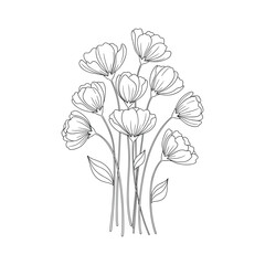 Elegant Floral Illustration with Delicate Line Art of Blooming Flowers and Leaves for Coloring Books and Creative Designs