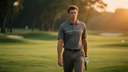 Golfer walking on a lush green golf course during sunset