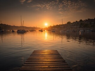 Fototapeta premium A peaceful sunset over a marina, with sailboats anchored and a wooden dock leading out onto calm, reflective water