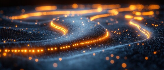 Abstract Digital Waves: Glowing Orange Trails on Dark Blue Particle Field