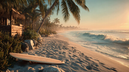 A rustic wooden beach hut surrounded by palms at golden hour, with a surfboard resting in the sand near gentle ocean waves.