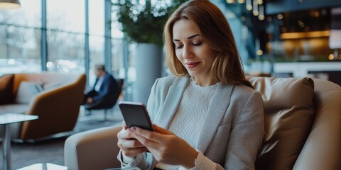 Professional business woman using smartphone in business lounge Stock photo