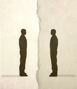 Silhouetted figures facing each other divided by torn paper symbolizing confrontation